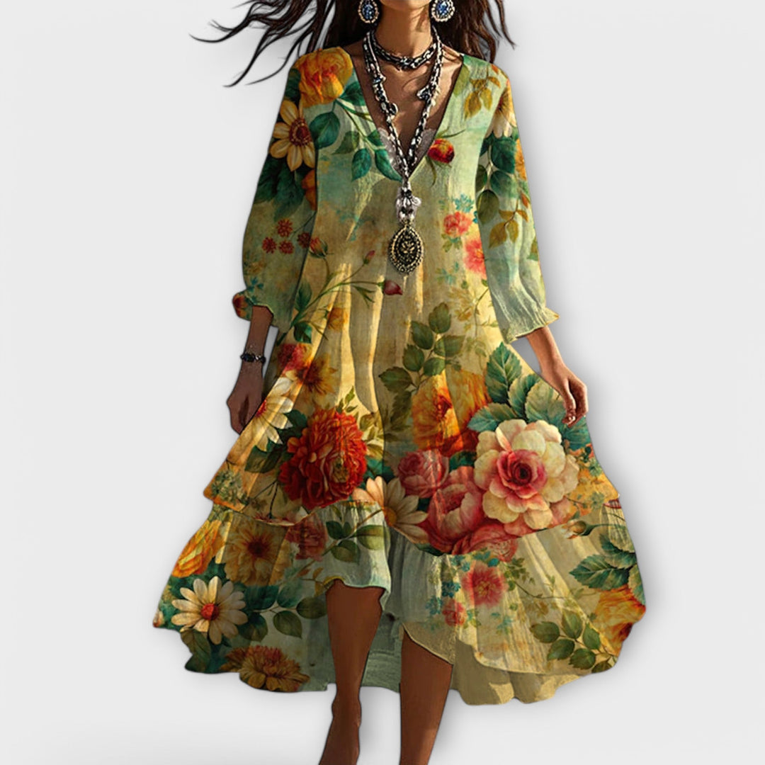 Regina™ | Retro Boho Floral Print V-Neck Dress