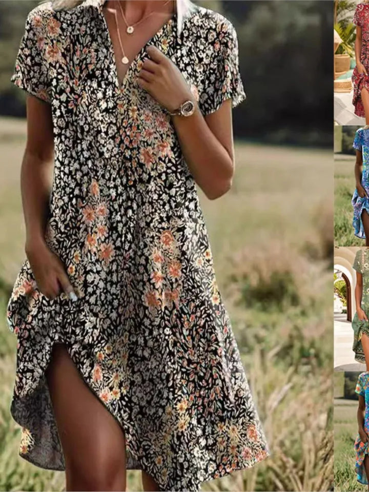 Birgit™ | Stilfuld V-hals Knaplukket Blomstret Kjole